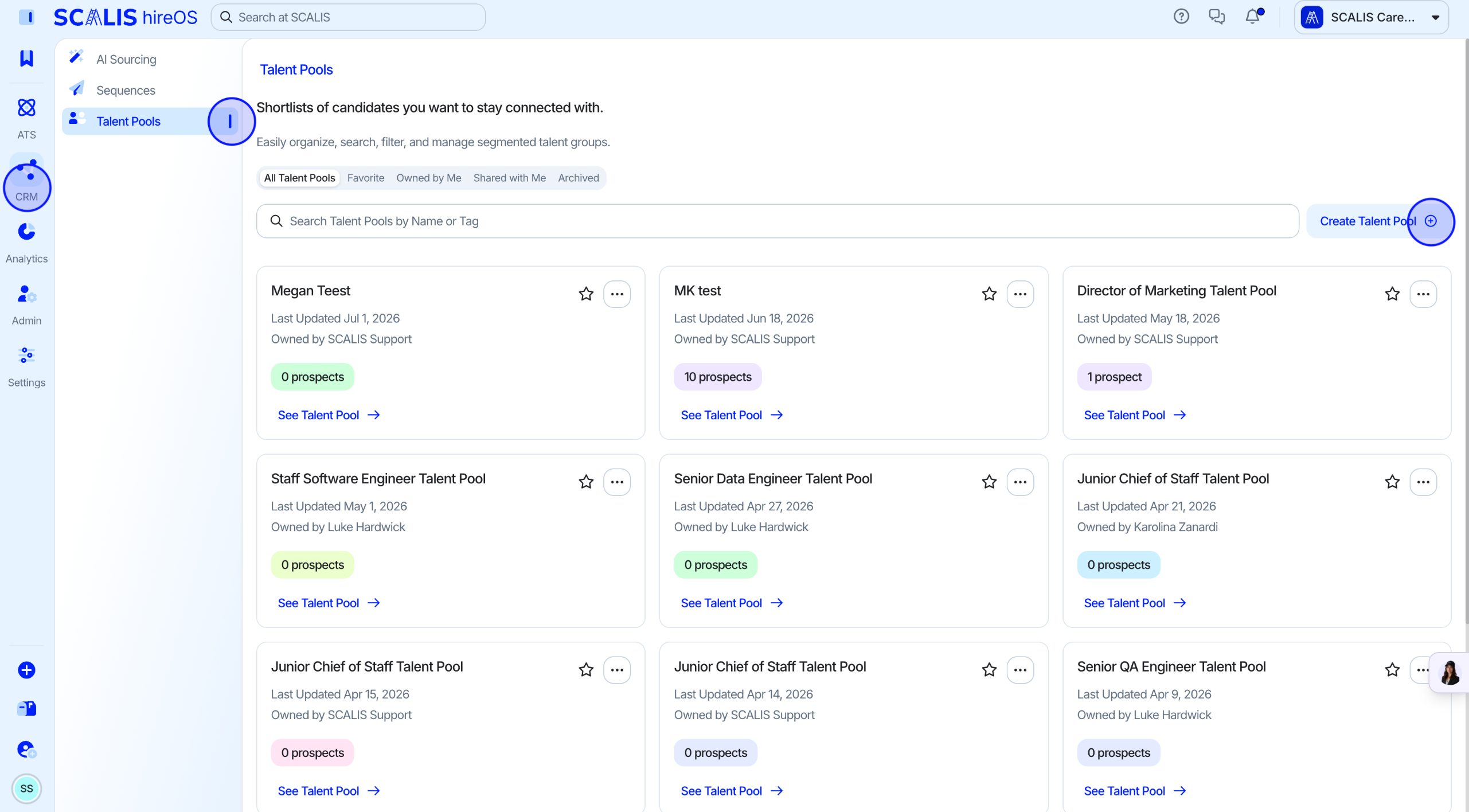 CRM with Talent Pools highlighted in the left navigation