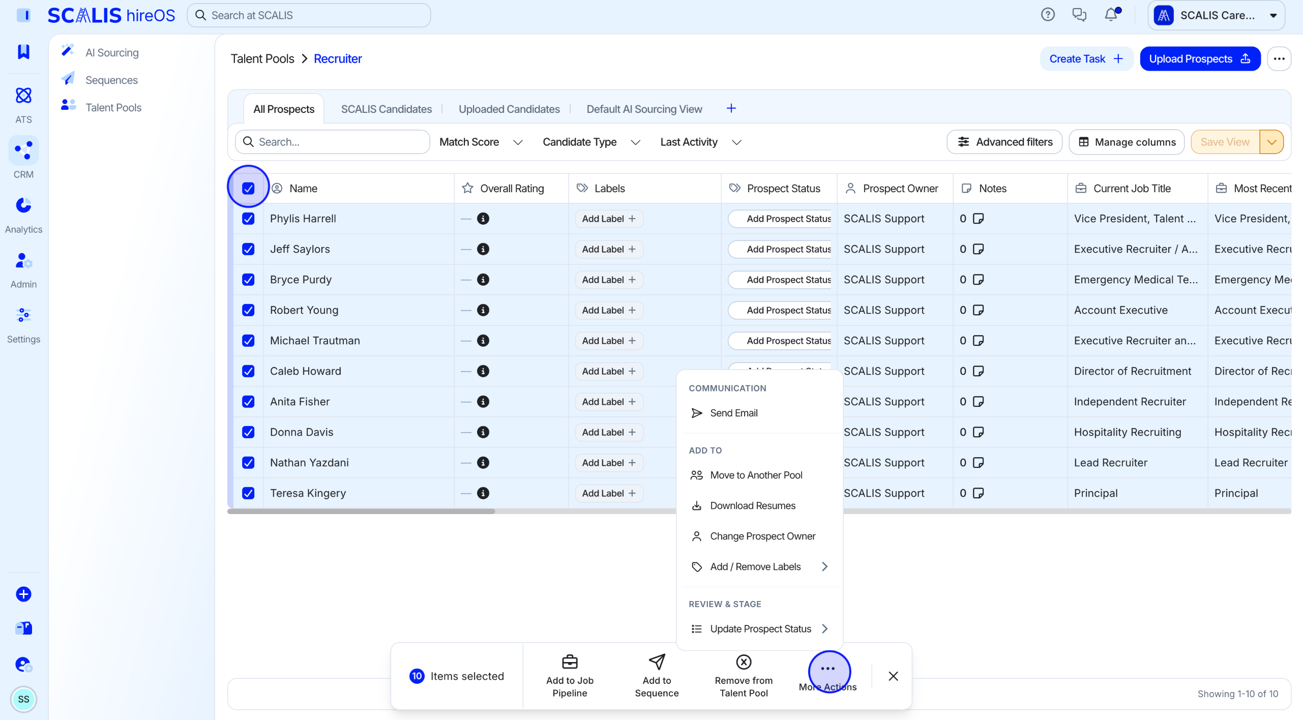 Selected candidates in a Talent Pool with the action bar at the bottom of the screen