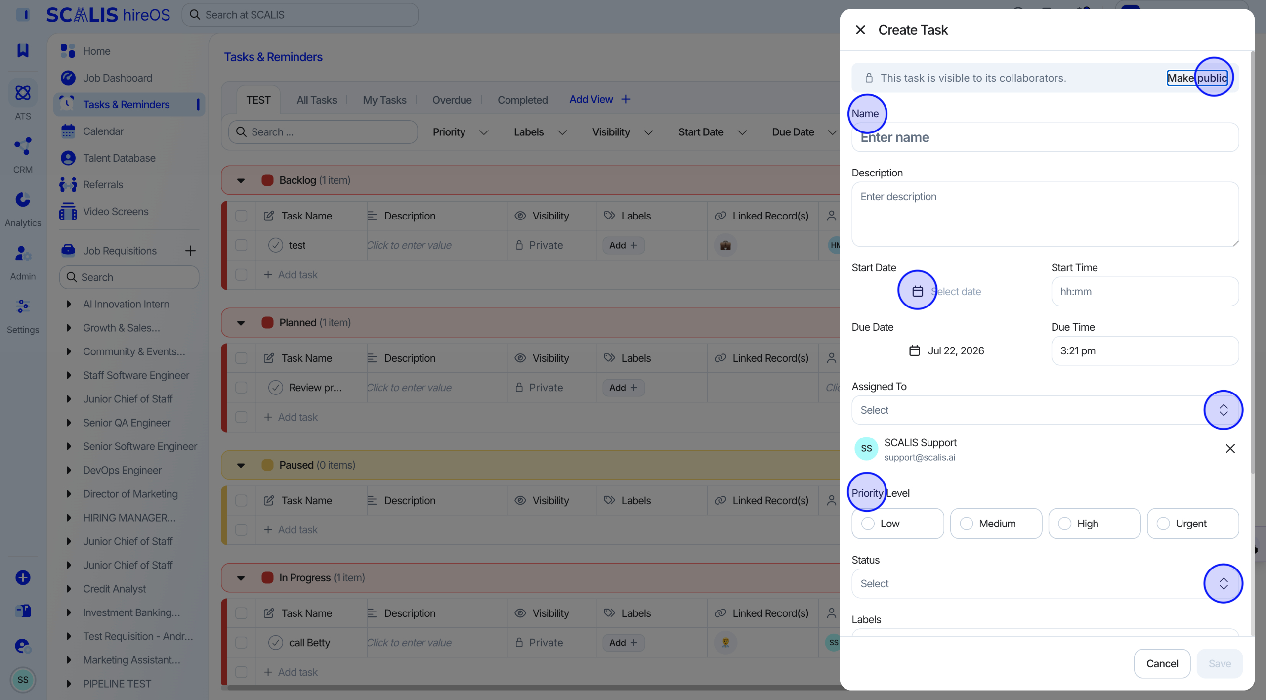 Create Task modal with name, description, due date, and assignees fields