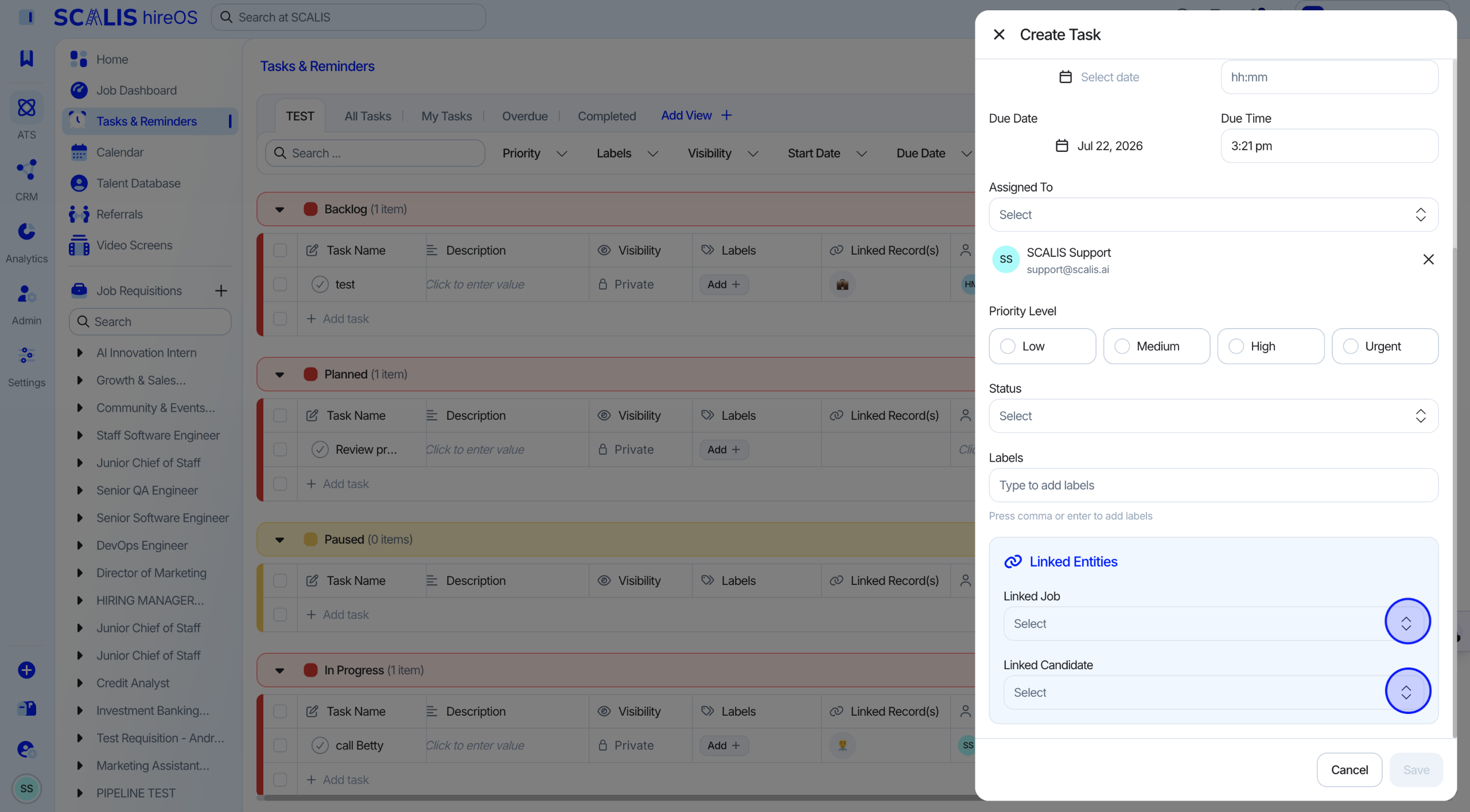 Create Task modal with priority, status, labels, visibility, and linked Job/Candidate fields