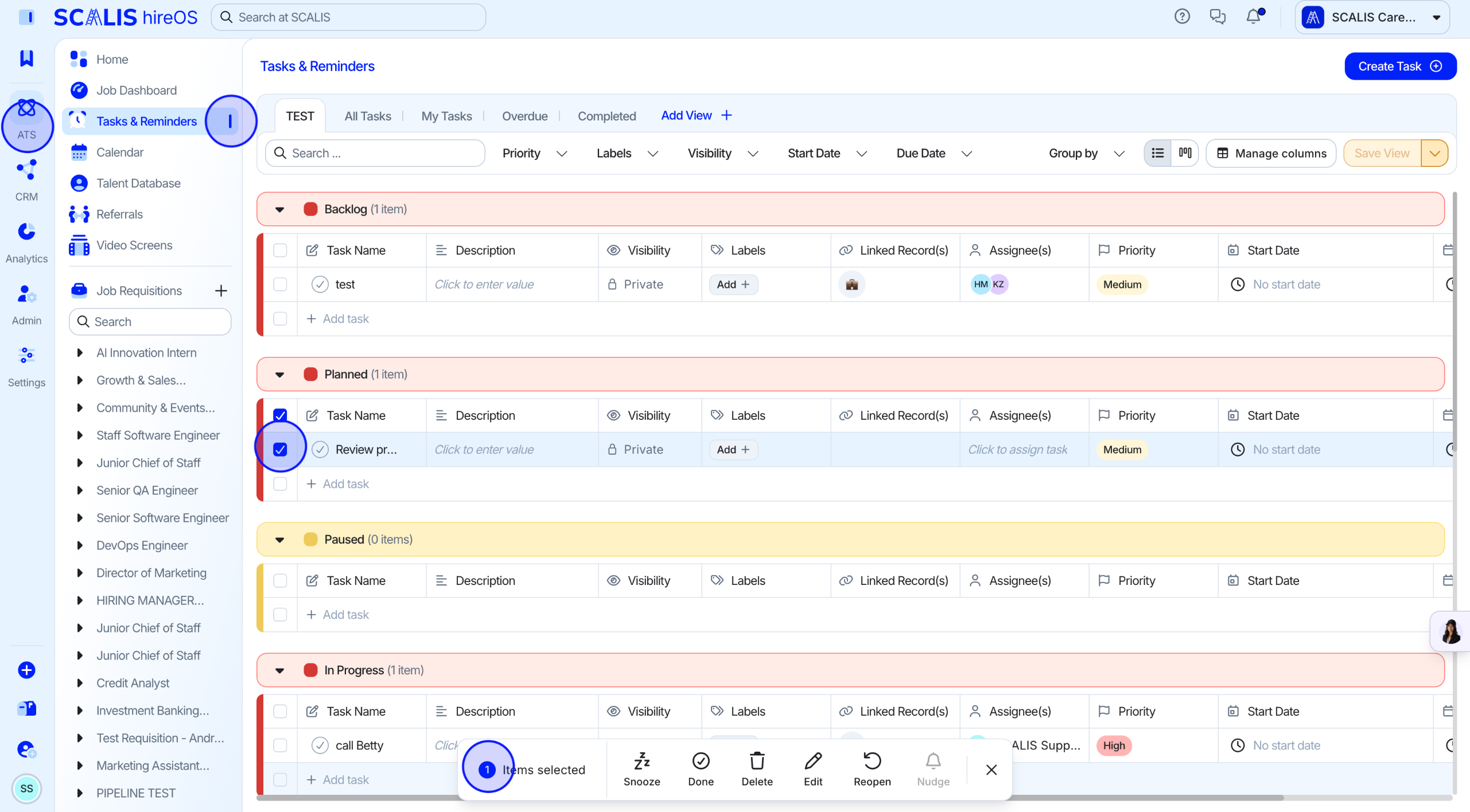 Tasks & Reminders tab in Kanban view showing task cards across statuses