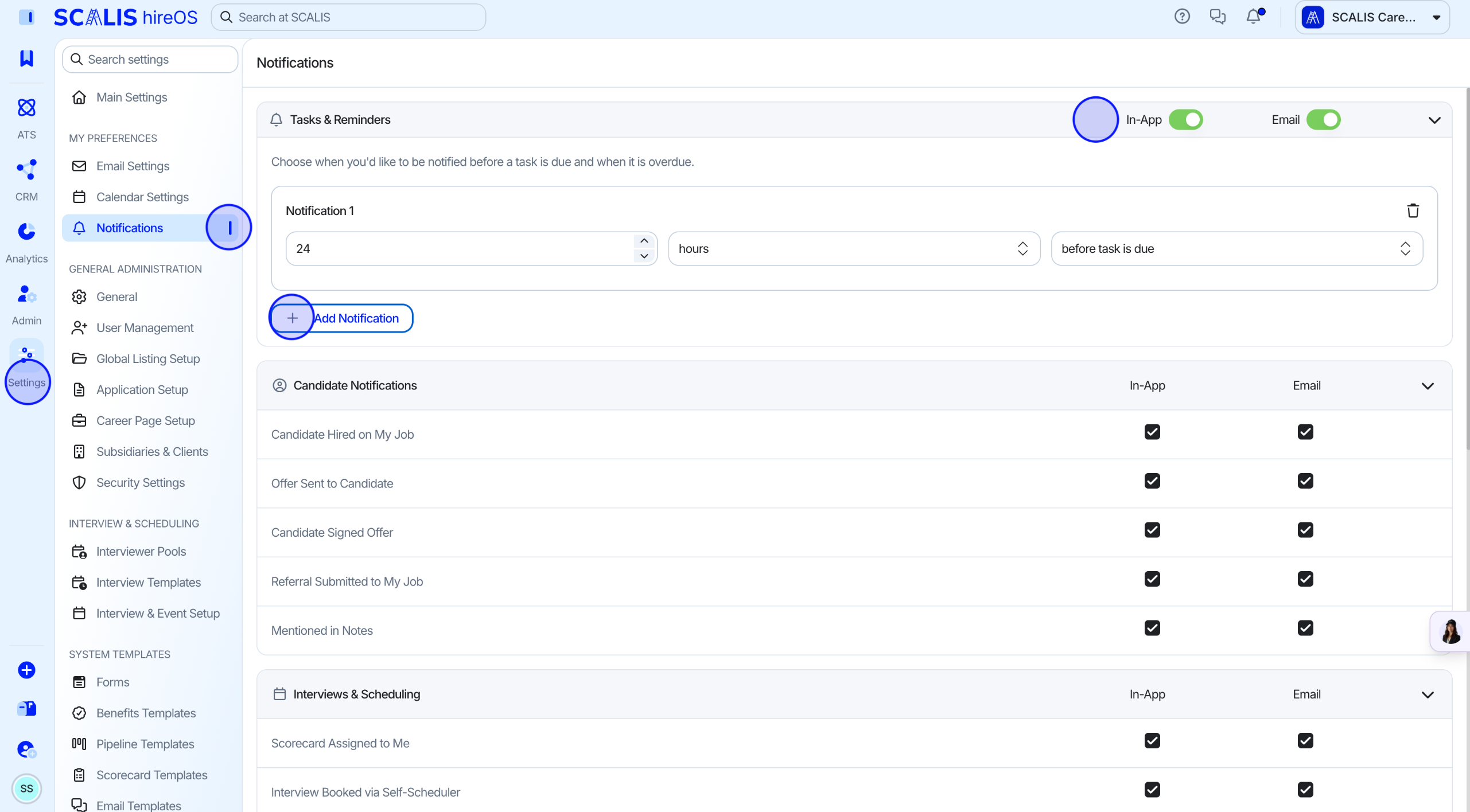 Notifications settings page with Add Notification selected