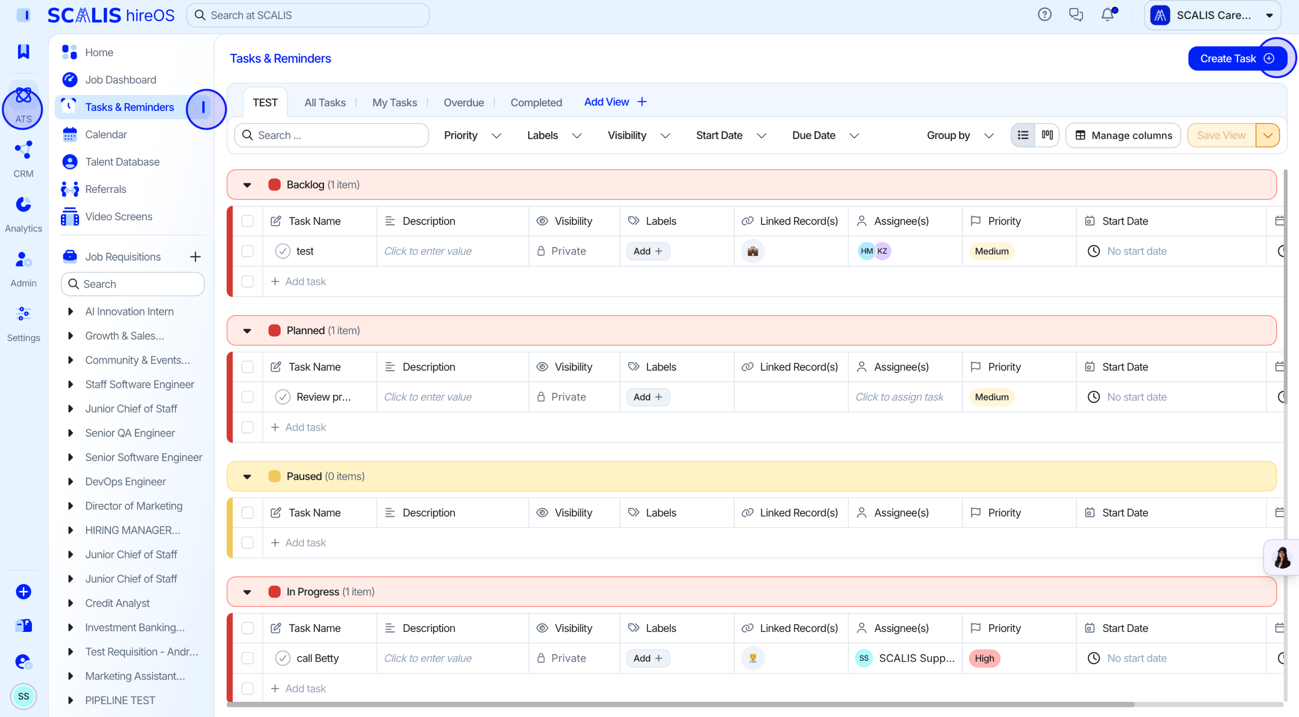 Tasks & Reminders page with Create Task button highlighted