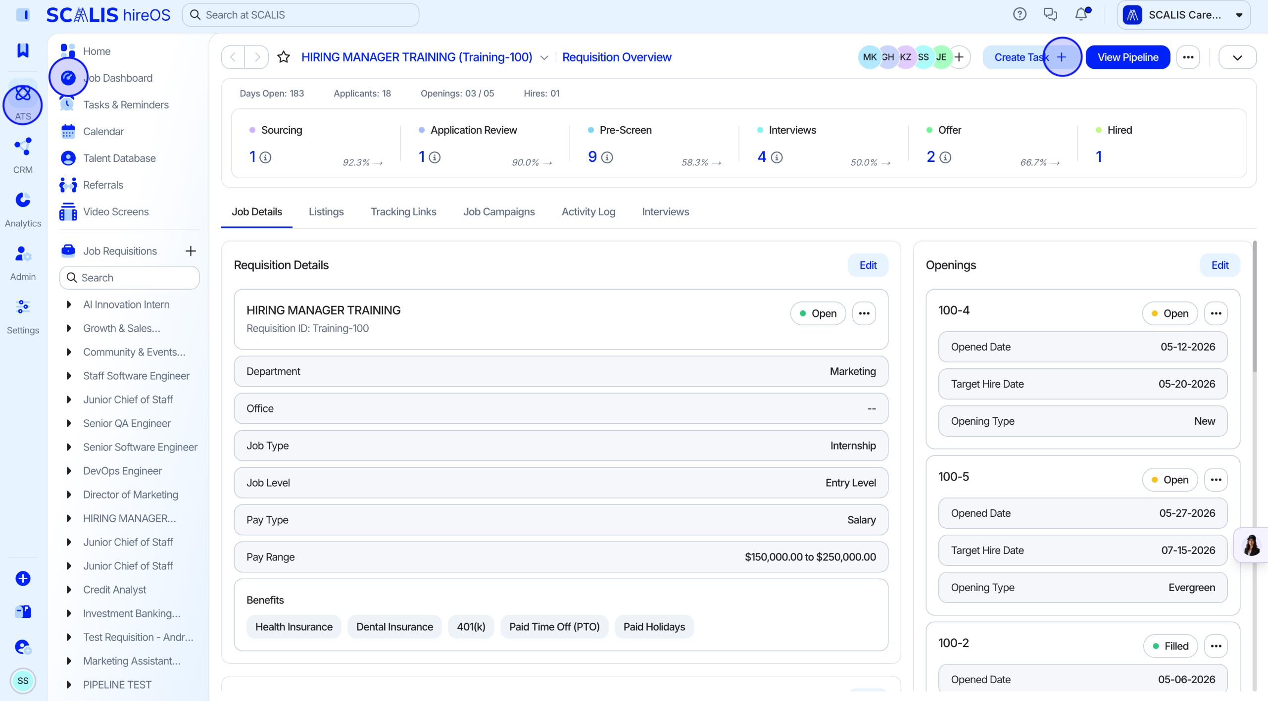 Job page with Create Task option selected