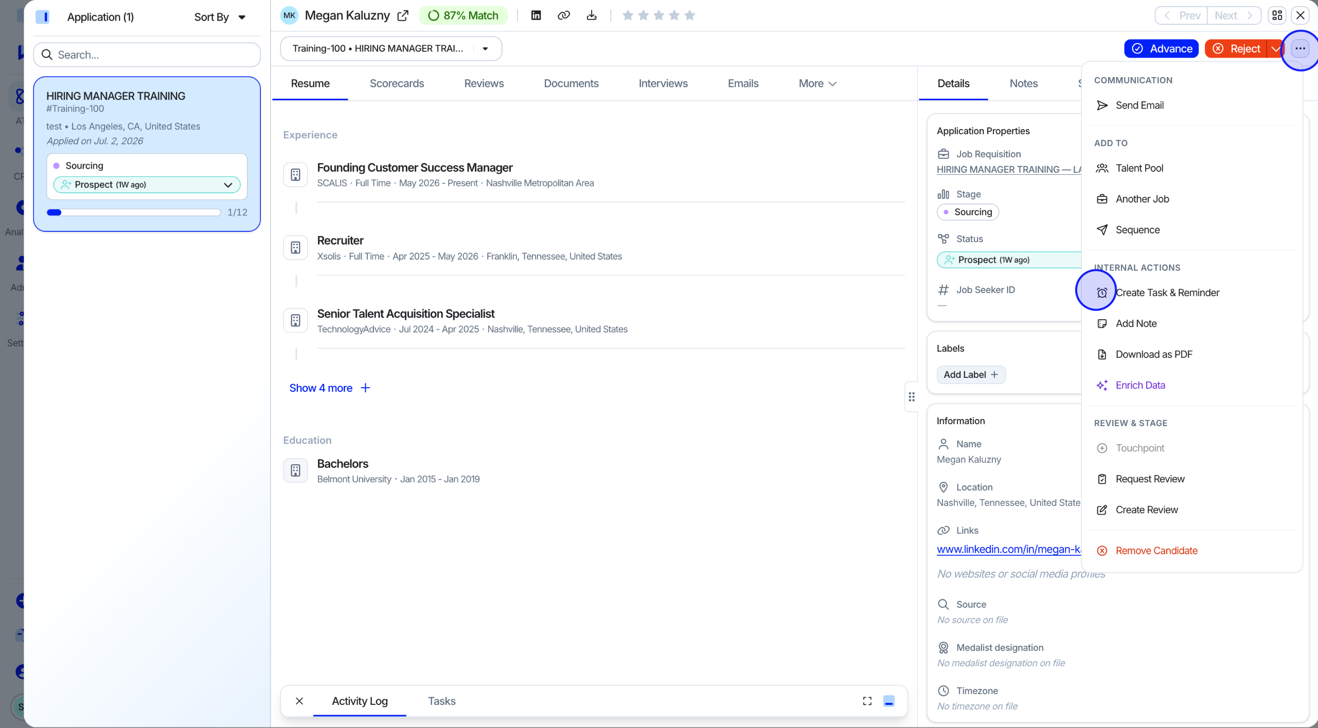 Candidate profile with "..." menu open showing Create Task & Reminder