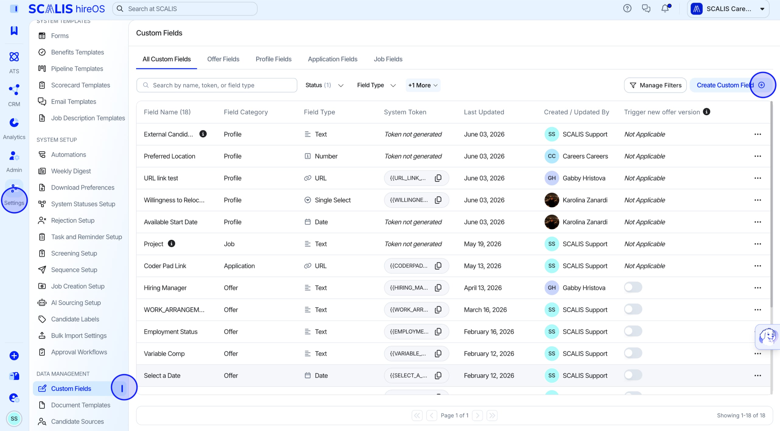 Company Settings menu with Custom Fields option and Create button