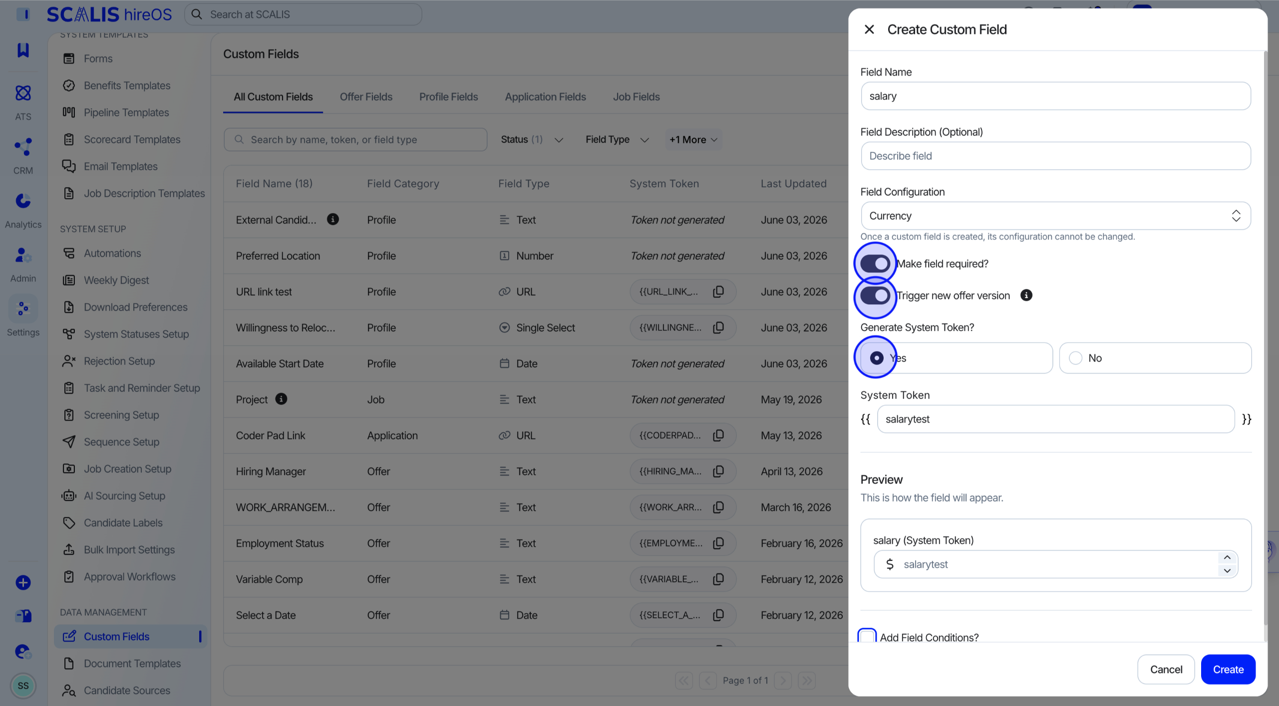 Custom field configuration panel with System Token option