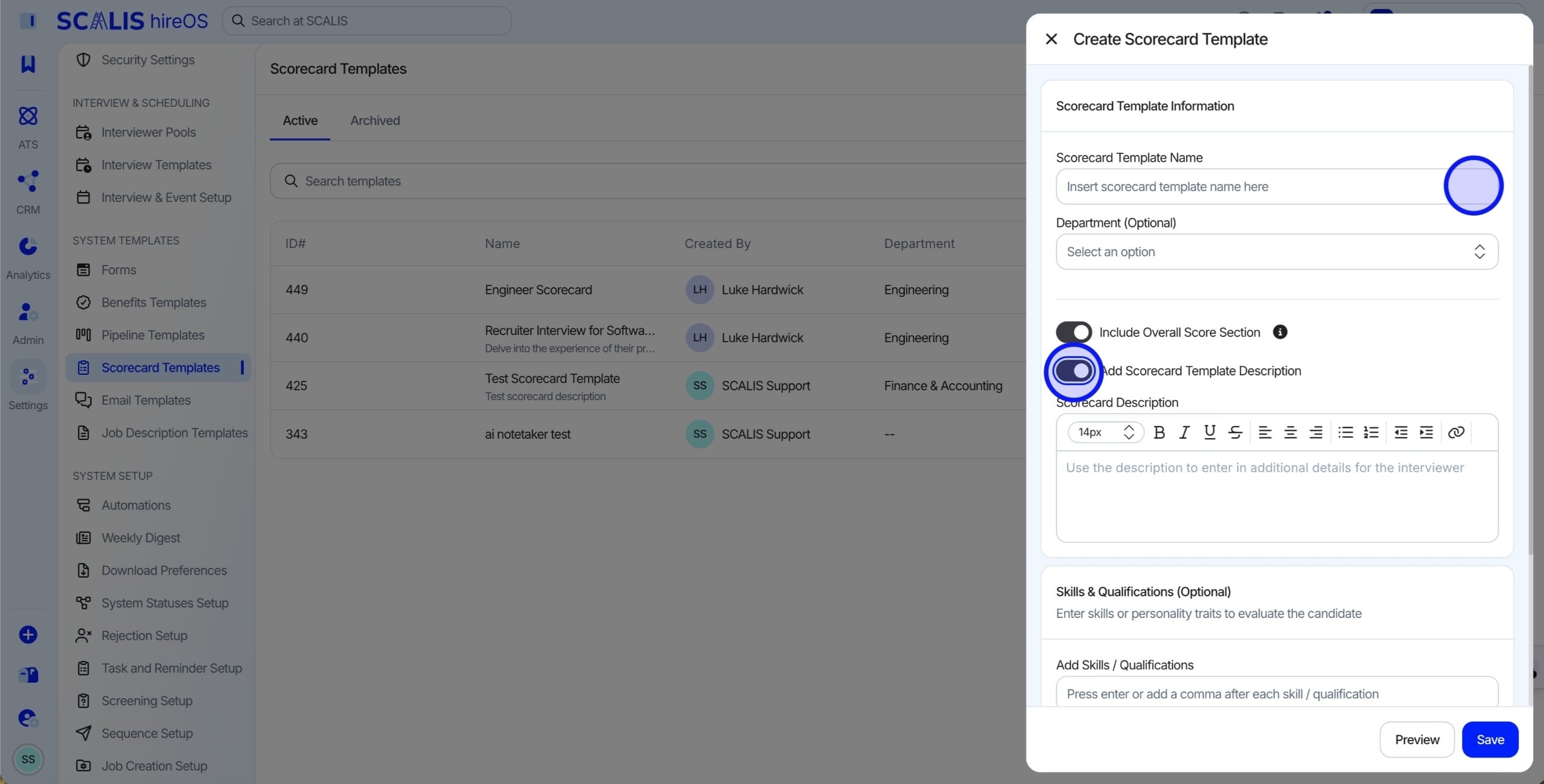 Naming and describing a scorecard template