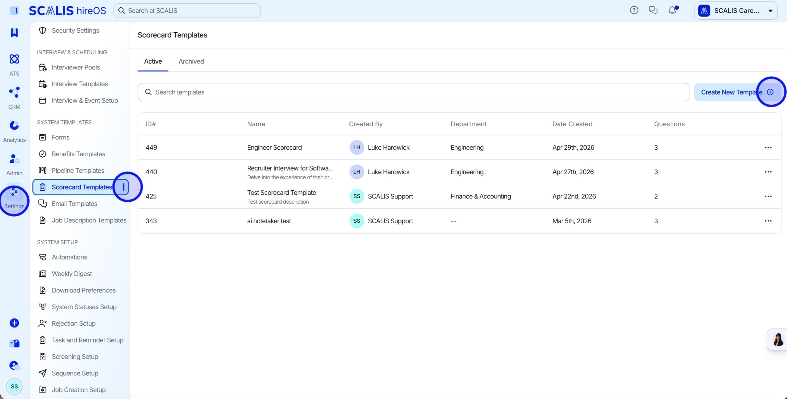 Scorecard Templates in Company Settings