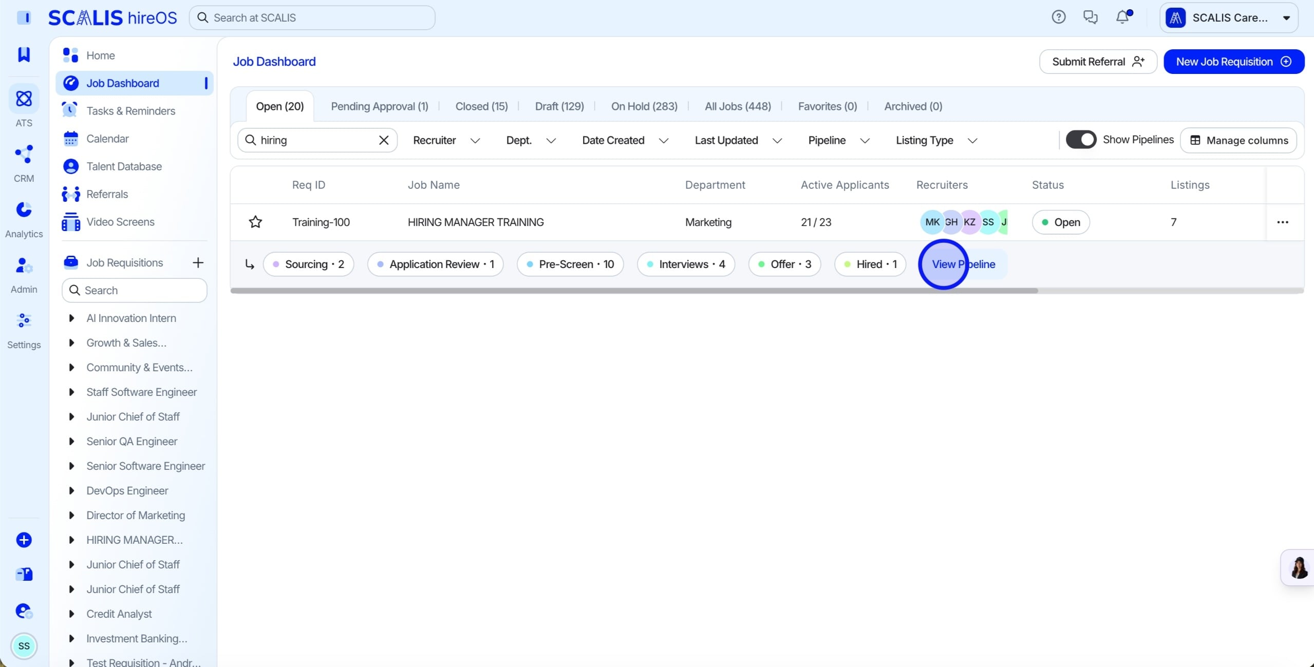 Opening a job requisition from the Dashboard