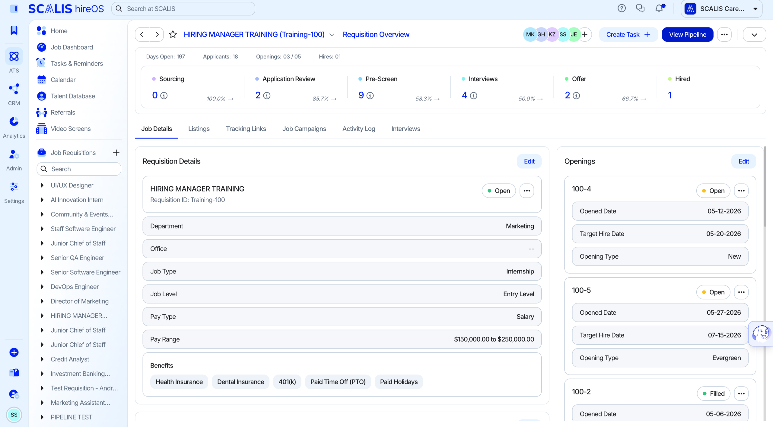 Job Dashboard showing a list of requisitions