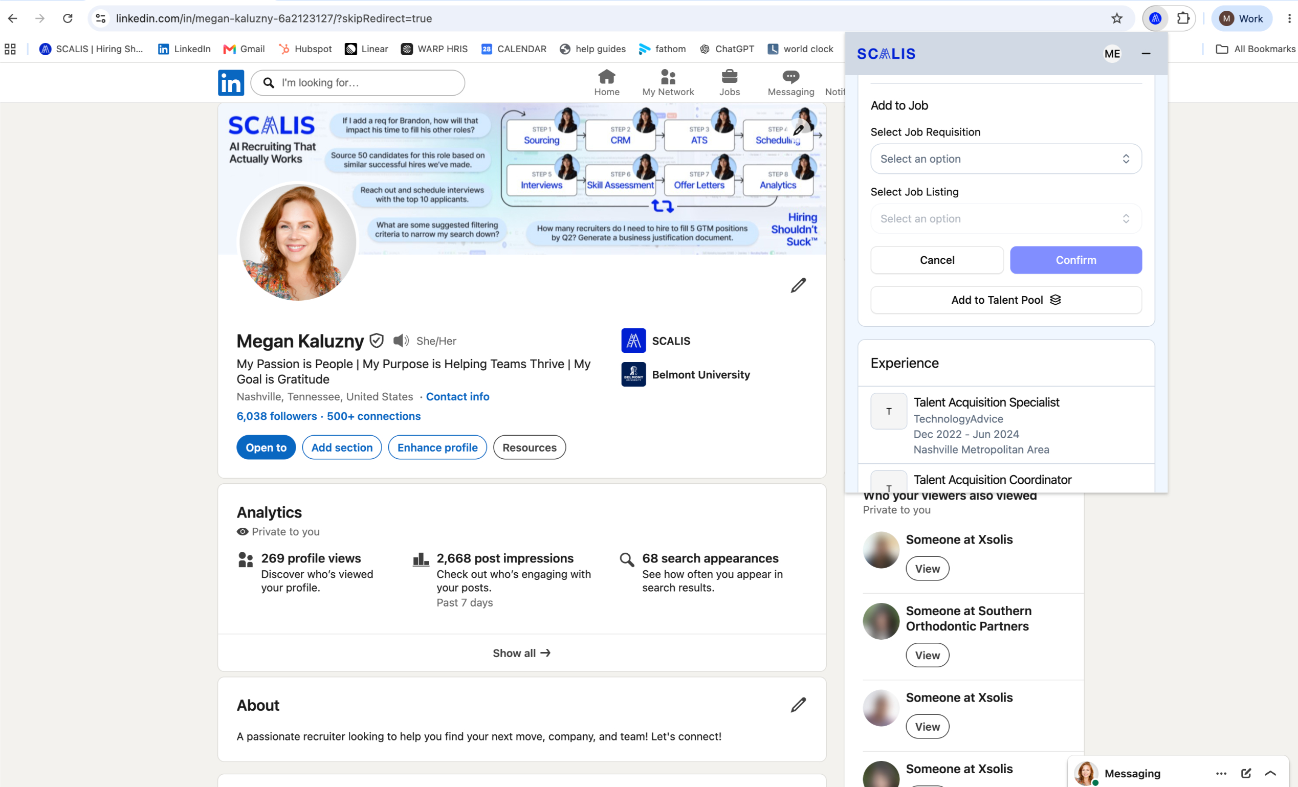 SCALIS extension menu with Add to Job and Add to Talent Pool options