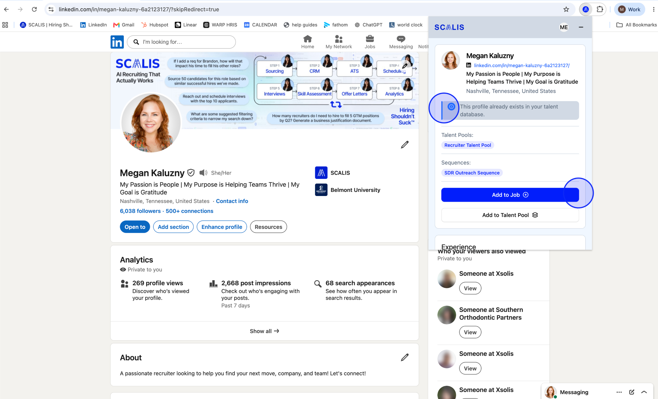SCALIS extension opened on a candidate's profile page