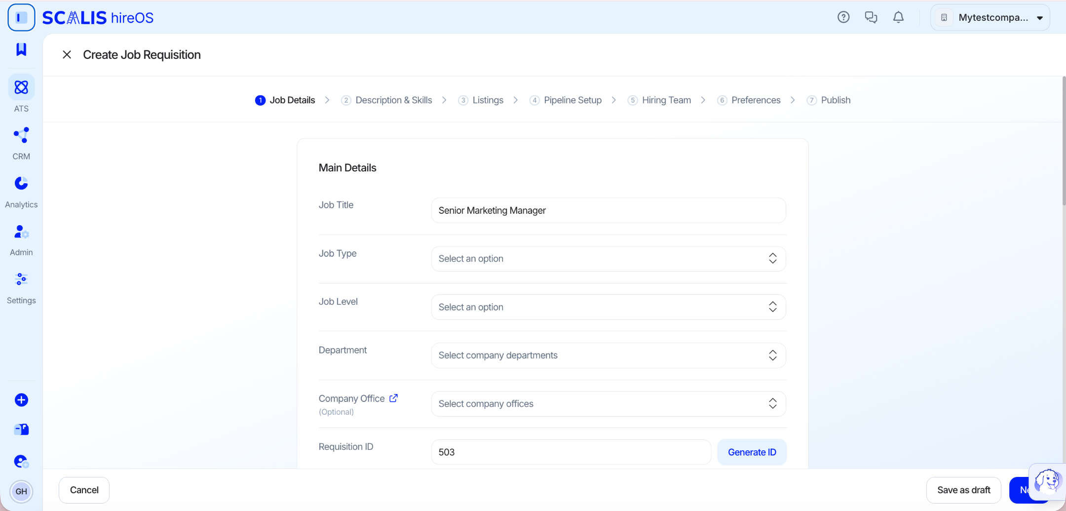 Requisition setup screen