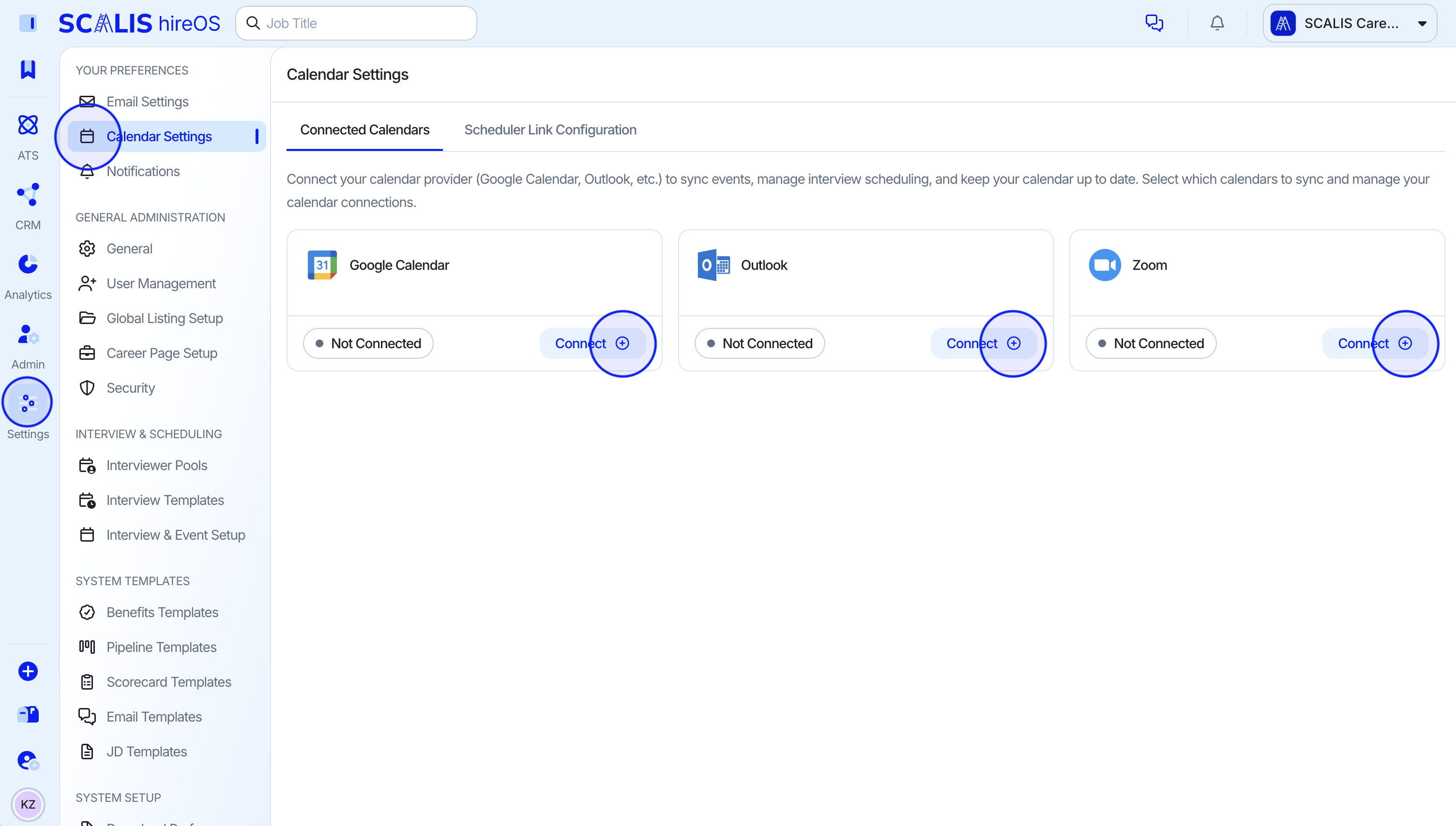 Connect button and calendar provider options in SCALIS