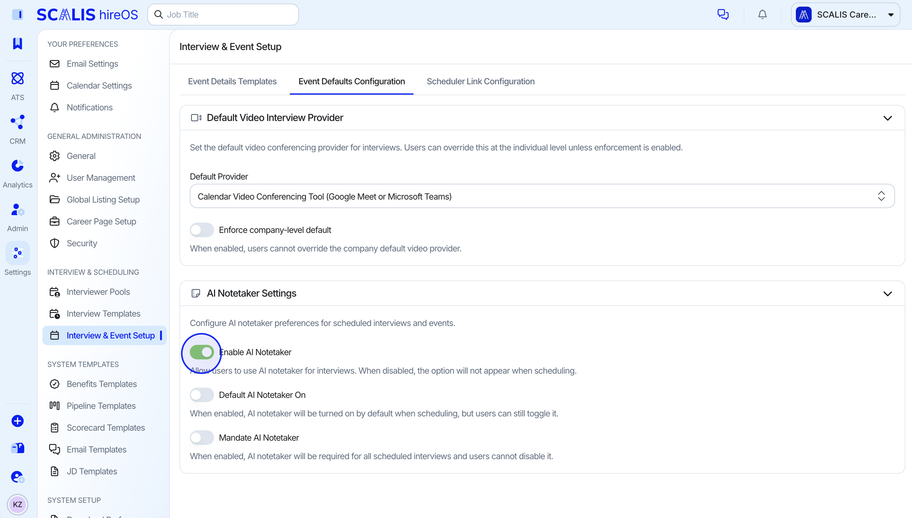 AI Notetaker settings in SCALIS Event Defaults